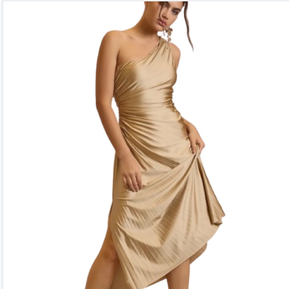 DELFI COLLECTIVE Solie Dress Pleated One Shoulder Champagne Gold Size XS - Picture 3 of 16